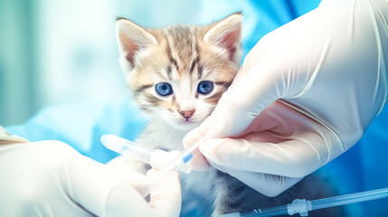 Veterinarian preparing vaccine for kitten, close-up.