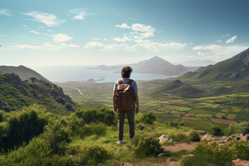 Rear view of young boy that is standing and looking at the landscape with mountains