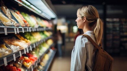 Obraz premium a young woman at the supermarket buying groceries. Shopping in a grocery store. Grocery shopping