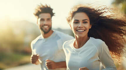 Attractive couple running outside together on sunny day