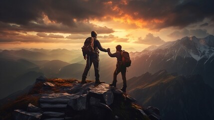 Two hikers in mountain top in the evening, outdoor adventure of hiking which shows success - obrazy, fototapety, plakaty