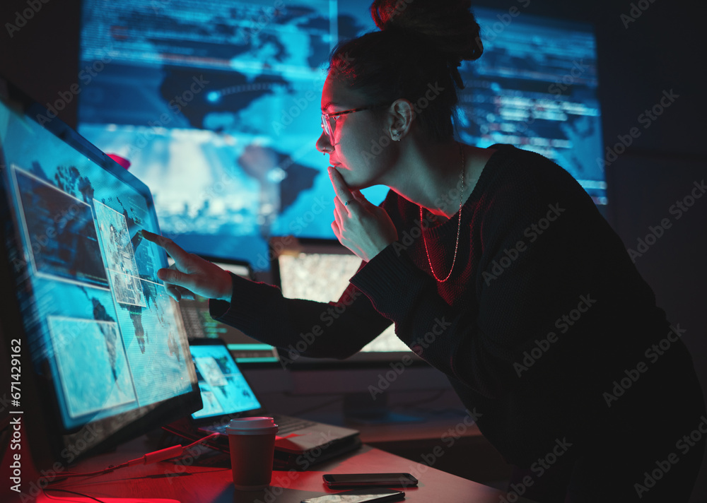 Poster Woman, hacker and pc with thinking, night and ideas for analysis, cyber crime or brainstorming by monitor. Information technology expert, screen and dashboard with ransomware with phishing for data