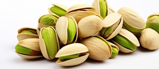 Pile of pistachios on white backdrop