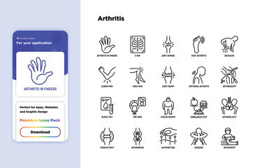 Arthritis thin line icons set: joint damage, gout arthritis, backache, elbow pain, arthroscopy, blood test, MRI knee, excess weight, arthroplasty, synovectomy. Vector illustration
