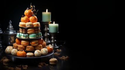 Halloween Torte aus verschiedenen Kuchenstücken und Krapfen als Turm lecker angerichtet, ai generativ