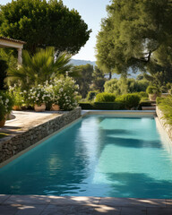 Swimming pool at home in a warm Mediterranean climate , outdoor pool with scattered shrubs and flowers around it