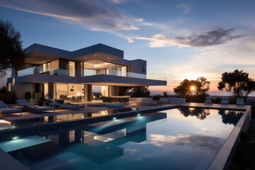 Fototapeta premium Minimalist cubic house exterior with swimming pool, modern country house, seaside holiday in modern villa, sunset view