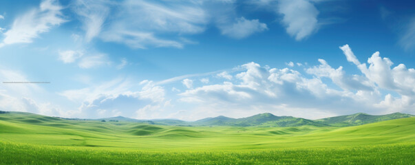 Fototapeta na wymiar Beautiful natural scenic panorama green field of cut grass and blue sky with clouds on horizon. Perfect green lawn on sunny day