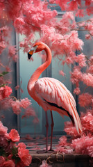 Fototapeta premium Pink flamingo on the background of the wall with exotic beautiful flowers, bright tropical concept
