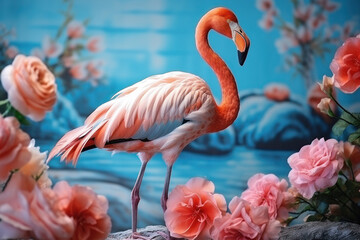 Pink flamingo on the background of the wall with exotic beautiful flowers, bright tropical concept
