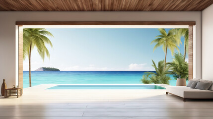 Sea view empty large living room of luxury summer beach house with swimming pool near wooden terrace. Big white wall background in vacation home or holiday villa. Hotel interior