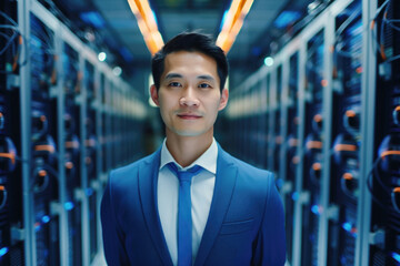 Portrait of Data Center Engineer standing by supercomputer server cabinets in data center, Data protection network for cyber security - obrazy, fototapety, plakaty