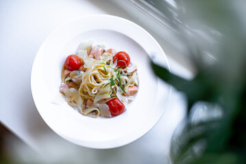 Pasta Carbonara with Cherry Tomatoes