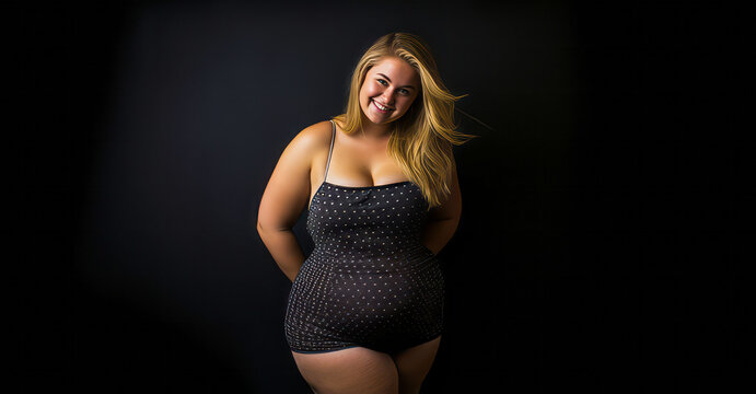 Confident curvy blonde woman in black underwear.
