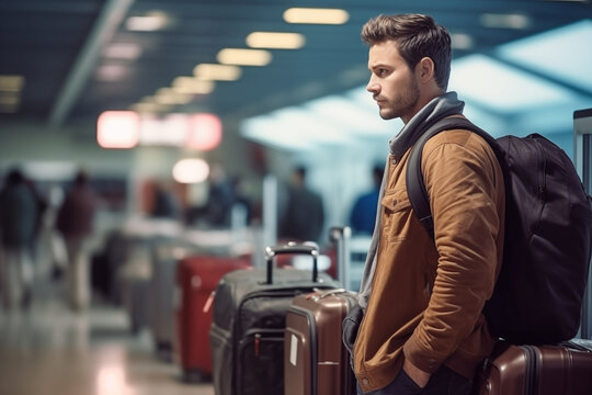 Young Man Traveller With Luggage Waiting Queue For Check In At Airline Counter Service At The Airport