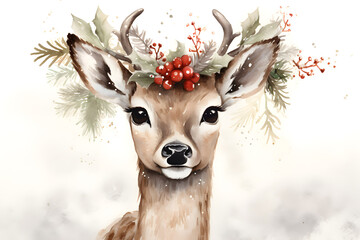 watercolour illustration of deer with Christmas decoration on the head 