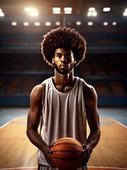 Portrait of afro american male basketball player with a ball over basketball court background.