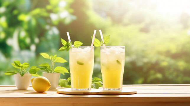 Glasses of lemonade with frappe ice on a wooden table