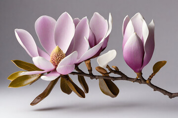 Purple magnolia flower on grey background