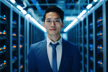 Fototapeta premium Portrait of Data Center Engineer standing by supercomputer server cabinets in data center, Data protection network for cyber security