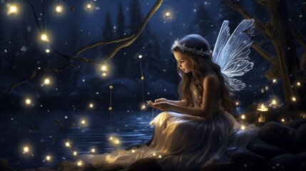 Cute little girl with angel wings and magic wand. Fairy tale theme.