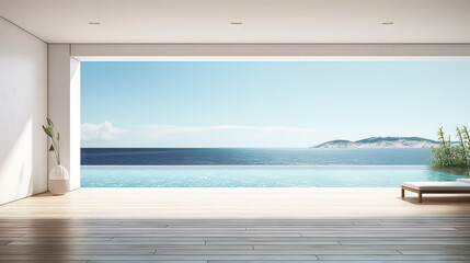 Sea view empty large living room of luxury summer beach house with swimming pool near wooden terrace. Big white wall background in vacation home or holiday villa. Hotel interior - obrazy, fototapety, plakaty