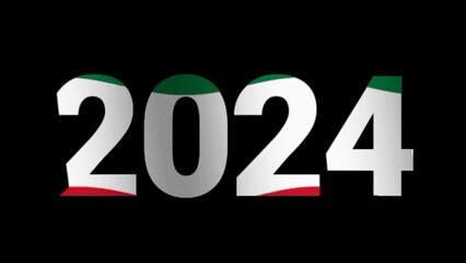 2024 text with Kuwaiti flag waving. Animated for new year 2024 or Kuwait independence day. Seamless 4k