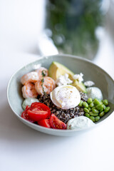 Grain Bowl with Avocado, Shrimp, Tomato, Mozzarella, and Legumes
