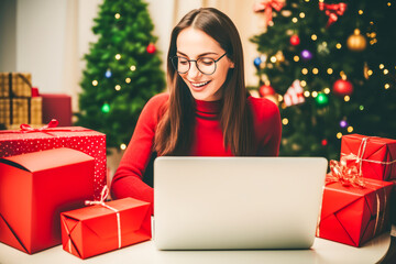 Woman shopping online for Christmas with laptop and gifts.