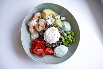 Grain Bowl with Avocado, Shrimp, Tomato, Mozzarella, and Legumes
