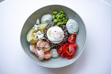 Grain Bowl with Avocado, Shrimp, Tomato, Mozzarella, and Legumes