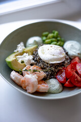 Grain Bowl with Avocado, Shrimp, Tomato, Mozzarella, and Legumes