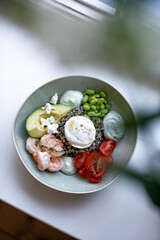 Grain Bowl with Avocado, Shrimp, Tomato, Mozzarella, and Legumes