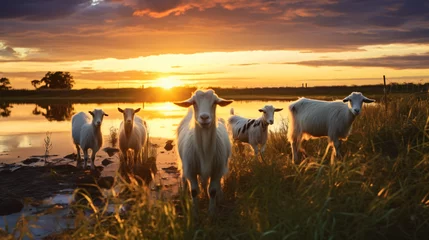 Fotobehang Goats in field at sunset © UsamaR