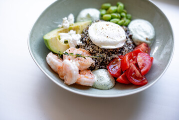 Grain Bowl with Avocado, Shrimp, Tomato, Mozzarella, and Legumes
