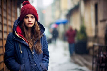 Solitary woman in winter gear walking in rain