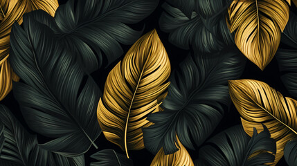 Gold and black tropical leaves pattern background