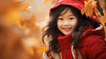 Portrait of a beautiful little girl with red hoody dress in autumn