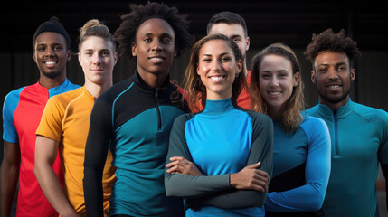 Diverse athletes in colorful sportswear standing together outdoors with confidence