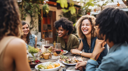 Joyful friends sharing a meal in a garden setting