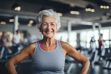Fototapeta na wymiar aged woman doing sport in gym. Morning run. Healthy lifestyle