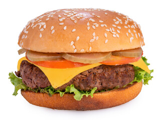Hamburger with cheese, tomato, lettuce on white background, Hamburger isolate on white with clipping path.