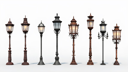 Set collection of Antique street lamps on white background - obrazy, fototapety, plakaty
