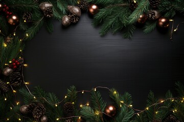 a luxury christmas border with christmas brance, pine tree leaf, little lamps decoration, premium silky metal background for flat lay, generative ai