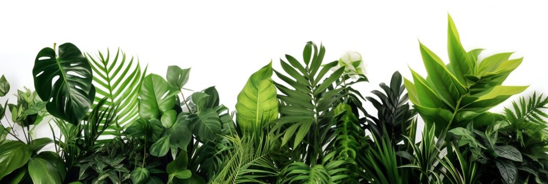 Green leaves of tropical plants bush (Monstera, palm, fern, rubber plant, pine, birds nest fern) floral arrangement indoors garden nature backdrop isolated on white background, panoramic