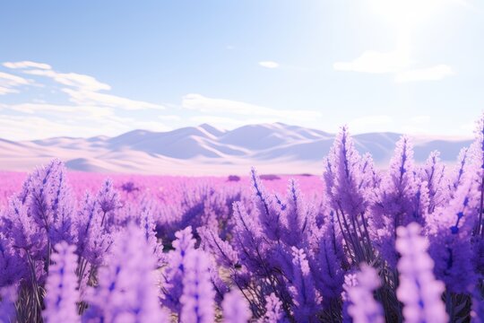 Photo of a picturesque field of lavender against a solid white background. Generative AI