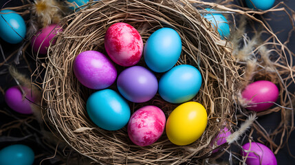 Fototapeta na wymiar Colorful Easter Eggs in a Nest.