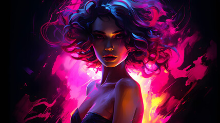 Obraz na płótnie Canvas Stylized Digital Art of a Woman with Flowing Hair Amidst Neon Pink Flames.