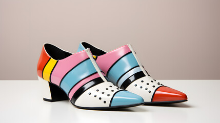Colorful Multi-Striped Shoes with Perforated Toe Detail on a Neutral Background.
