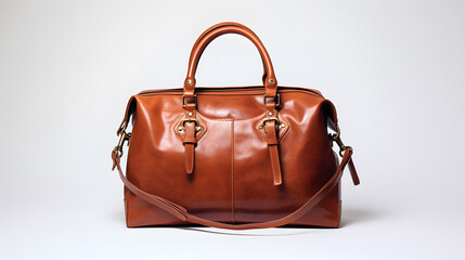 Burnt Sienna Leather Duffel Bag with Gold Accents and Detailing, displayed against a Neutral White Background.